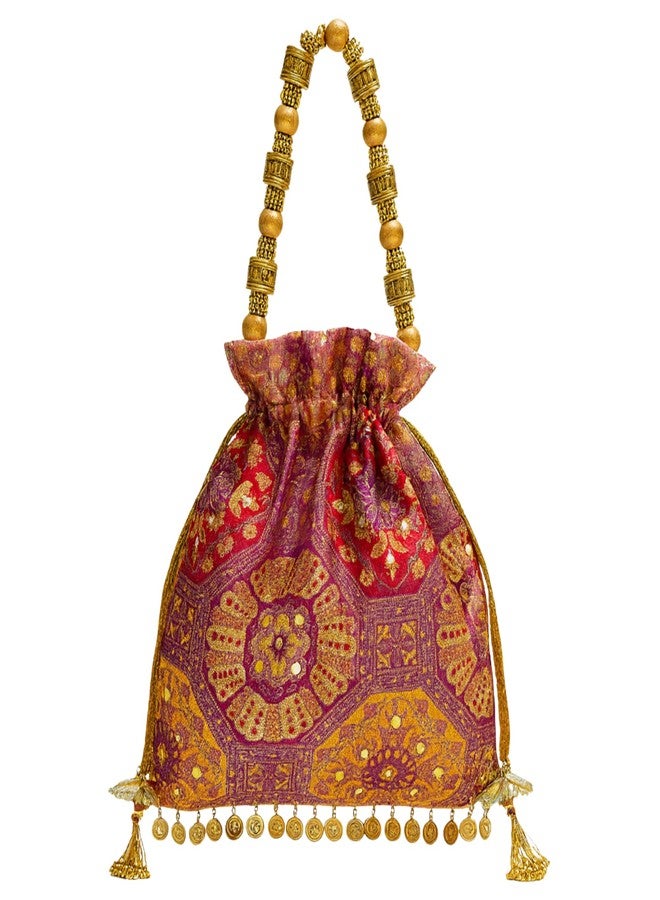 KitchEase Women’s Designer Brocade Potli Bag for Weddings & Festive | Ethnic Bridal Potli with Beaded Handle & Drawstring | For Indian Traditional Brides (Multicolour) - Image 1